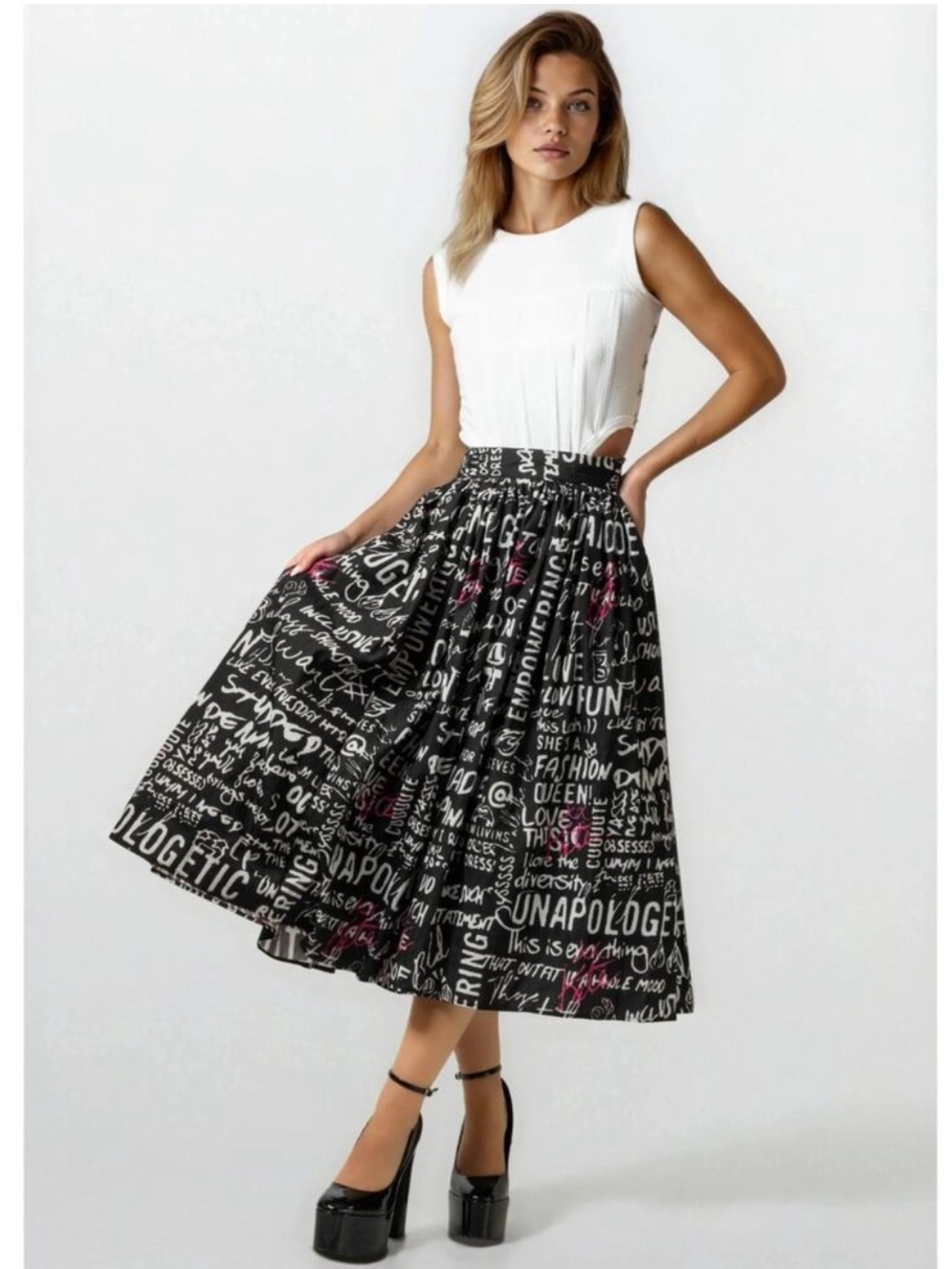 Black Script Print A-Line Skirt with Pink Highlights